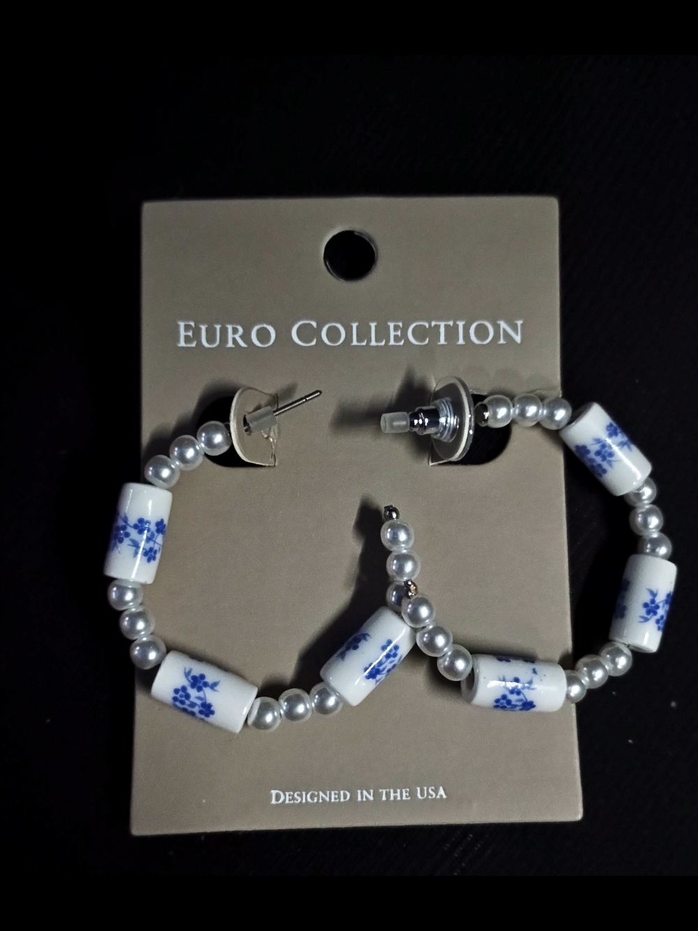 White & Blue Beaded Hoop Earrings Faux Porcelain and Pearls